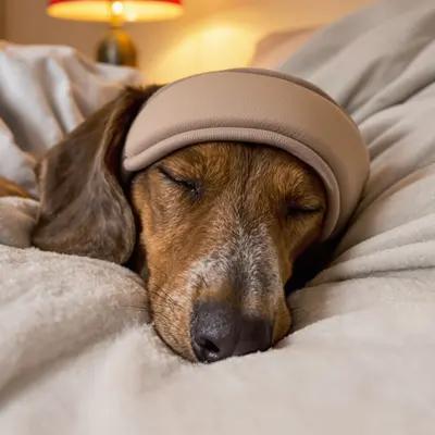 Cozy Senior Dachshund Napping with Sleep Mask