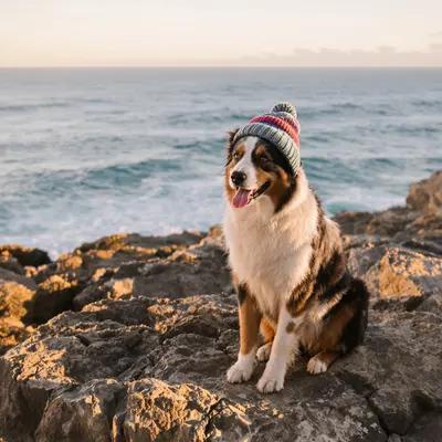 Stylish Australian Shepherd in Beanie by the Ocean