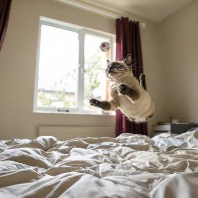 Playful Siamese Cat Leaping for Toy