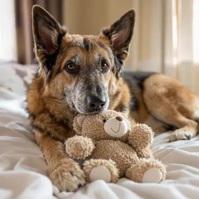 Gentle German Shepherd with Beloved Teddy Bear