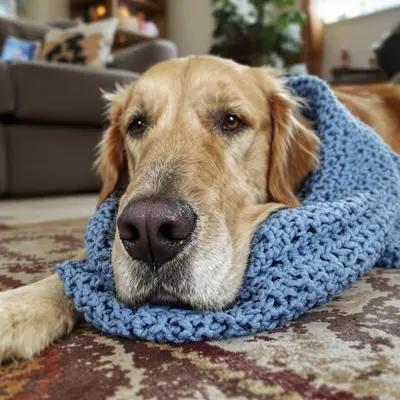 Cozy Golden Retriever in Blue Scarf