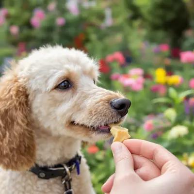 Poodle's Treat Time in a Vibrant Garden