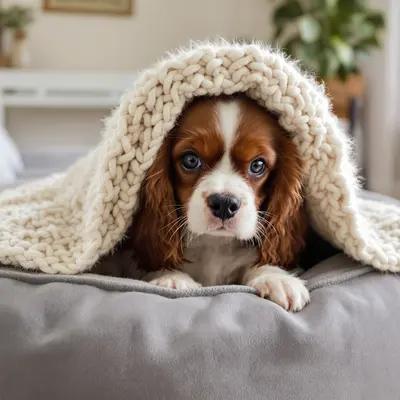 Cozy Cavalier Puppy Playing Peek-a-Boo