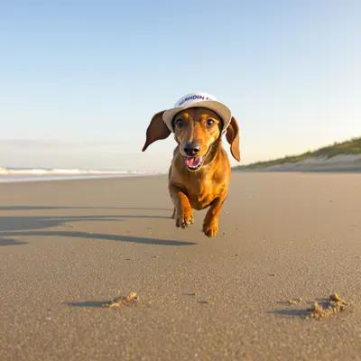 Dachshund's Joyful Beach Run in a Visor