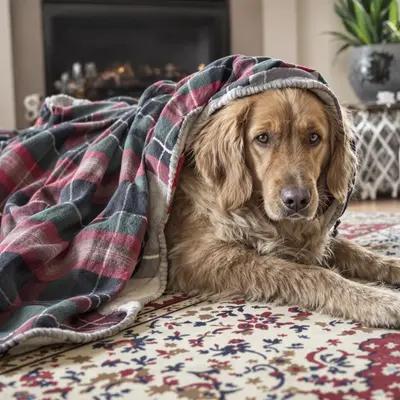 Cozy Golden Retriever Under Plaid Blanket