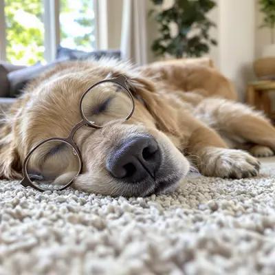 Smart Golden Retriever Napping with Glasses