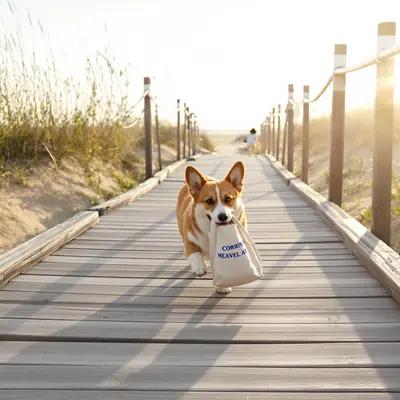 Corgi Carrying Bag on Sunny Beach Boardwalk