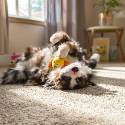 Playful Aussie Puppy Rolling with Toy