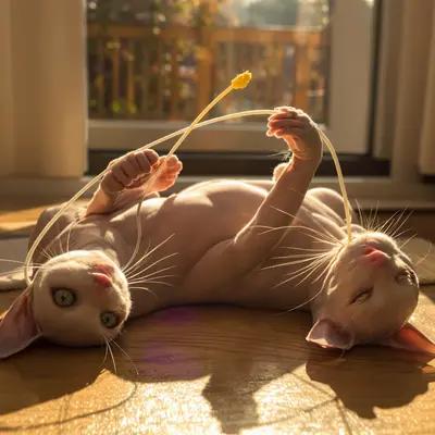Playful Sphynx Cat Batting at Toy in Sunlight