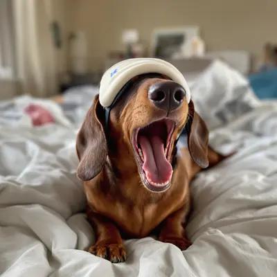 Sleepy Dachshund Yawning in Bed