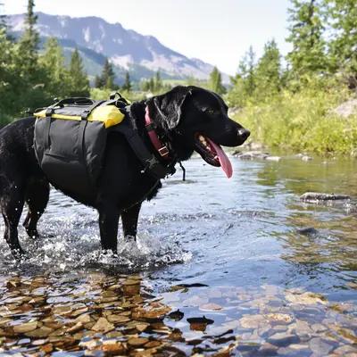 Adventurous Black Lab in Mountain Stream