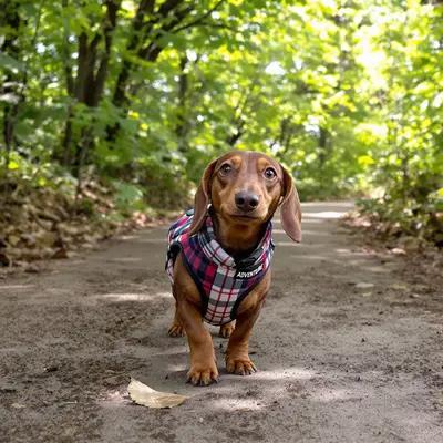 Dachshund's Forest Adventure in Plaid Vest