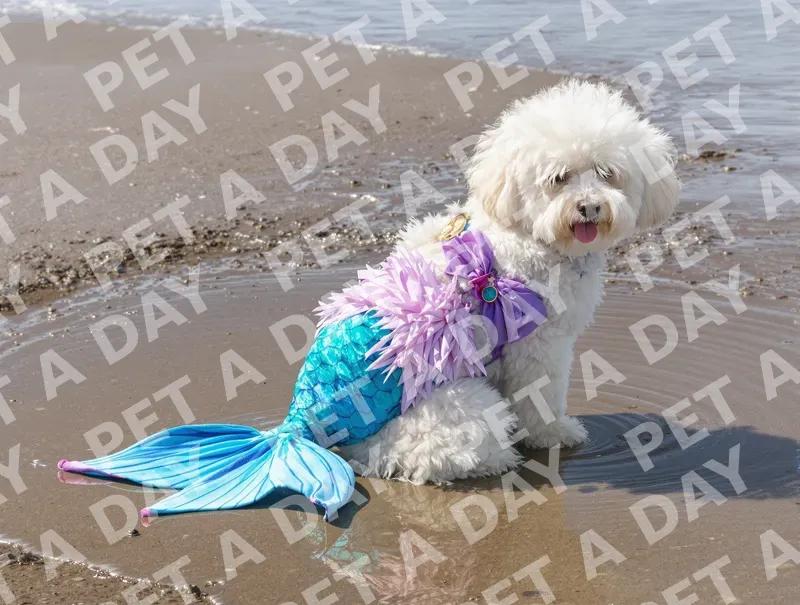 Fluffy Bichon Frise Mermaid at the Beach